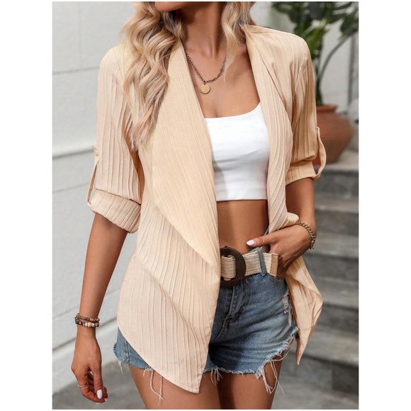 Ribbed Open front Cuffed Sleeve Blazer Jacket - Picture 7 of 13